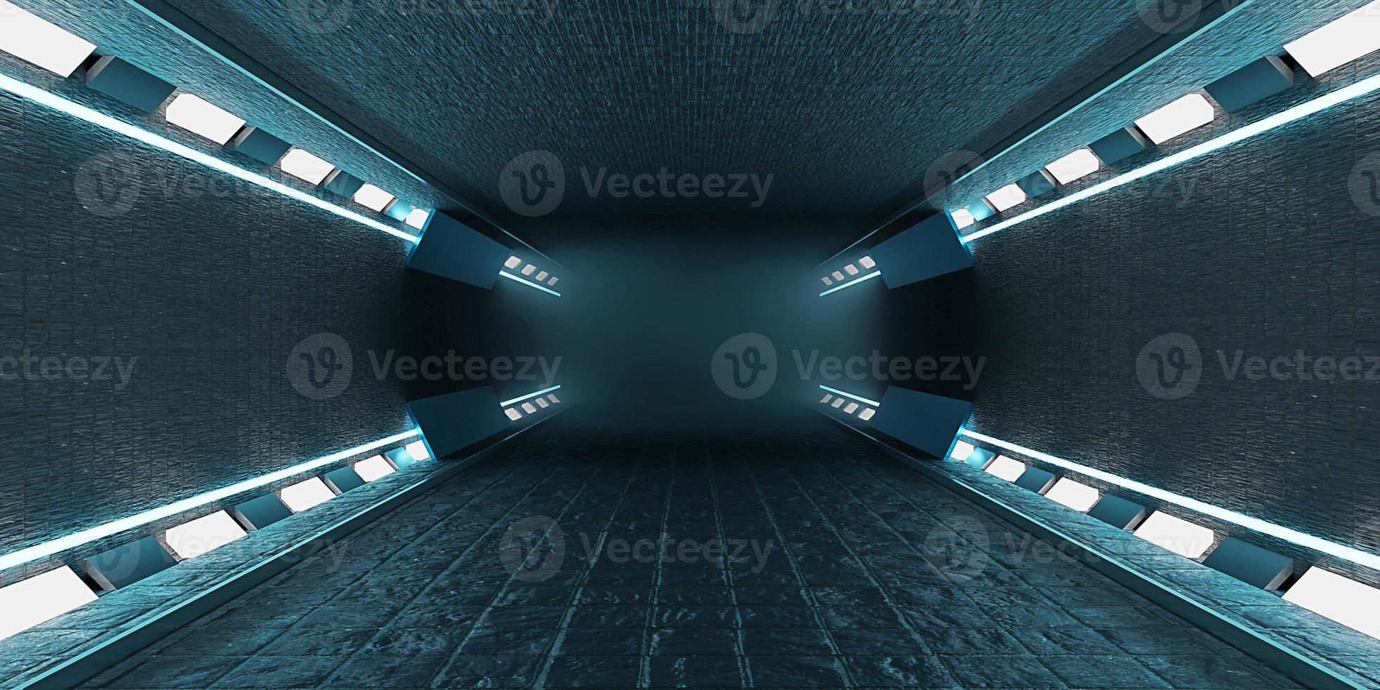 Sci Fy Neon Glow Dark Corridor spaceship corridor tunnel futuristic technology Empty tunnel room with glowing neon colors background 3D illustration photo