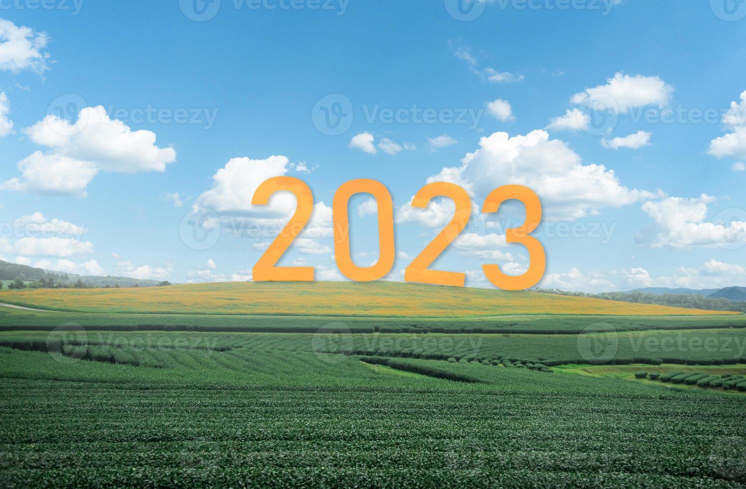 Happy new year 2023,2023 symbolizes the start of the new year. The letter start new year 2023 on the nature fresh green tea farm mountain clouds environment ecology or greenery wallpaper concept. photo