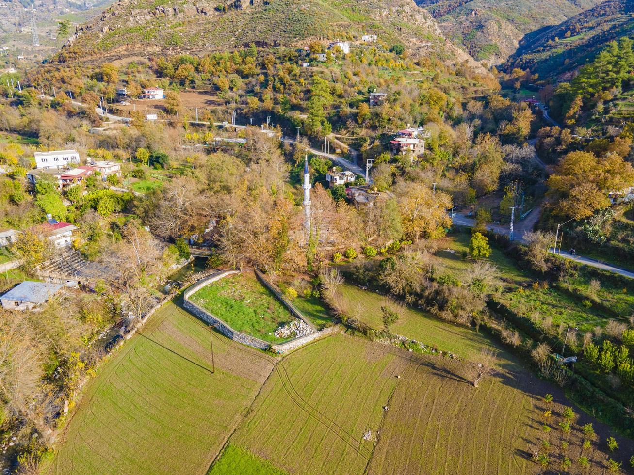 Impresionante vista del campo desde el aire. pueblo verde foto