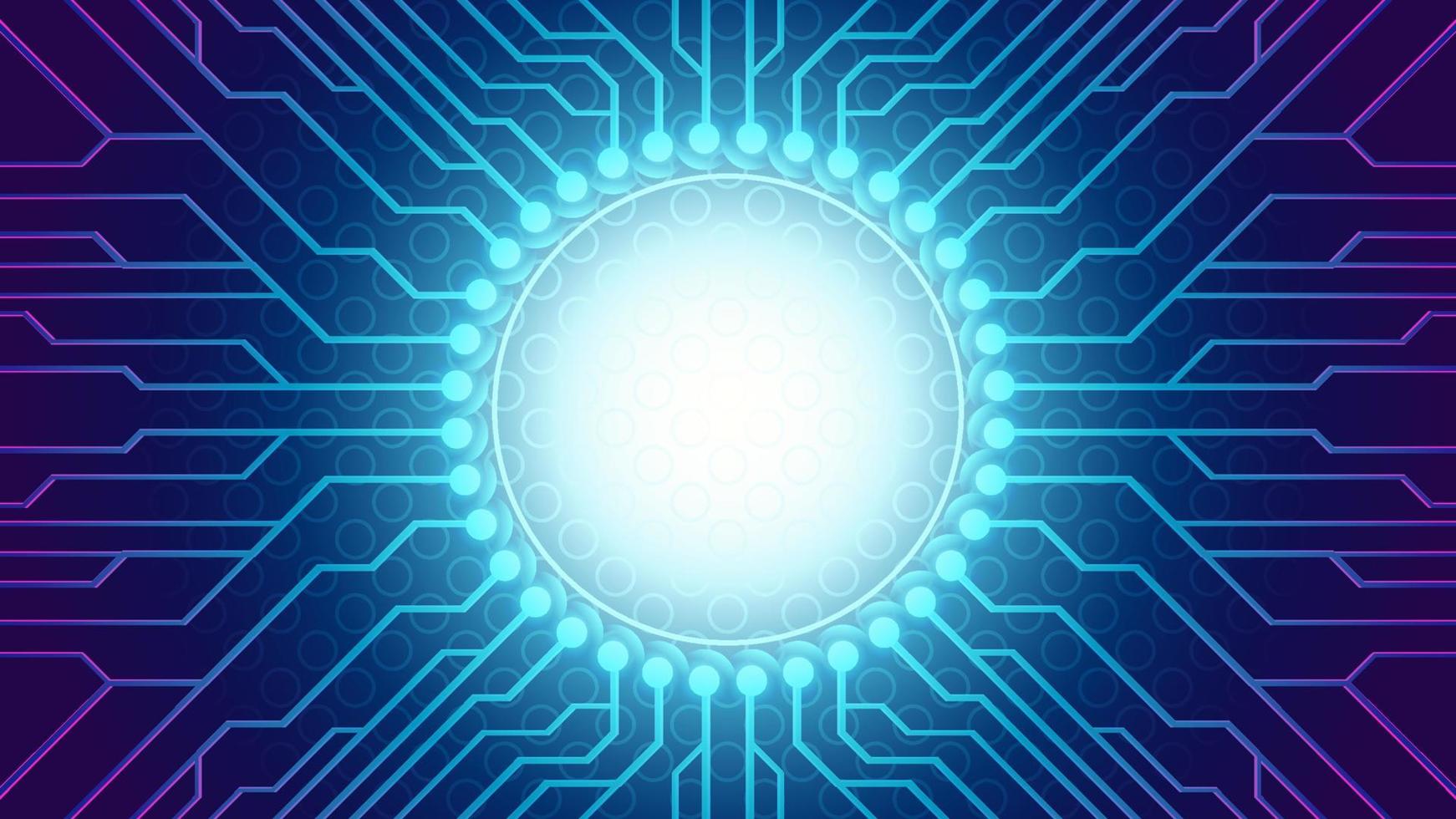 Abstract Technology Background. Circuit Board Technology Tree Pattern Vector Illustration. Sci-Fi PCB Trace Data Transfer Design Concept. Cyberpunk Color Scheme. Circle Light In The Middle Of Darkness