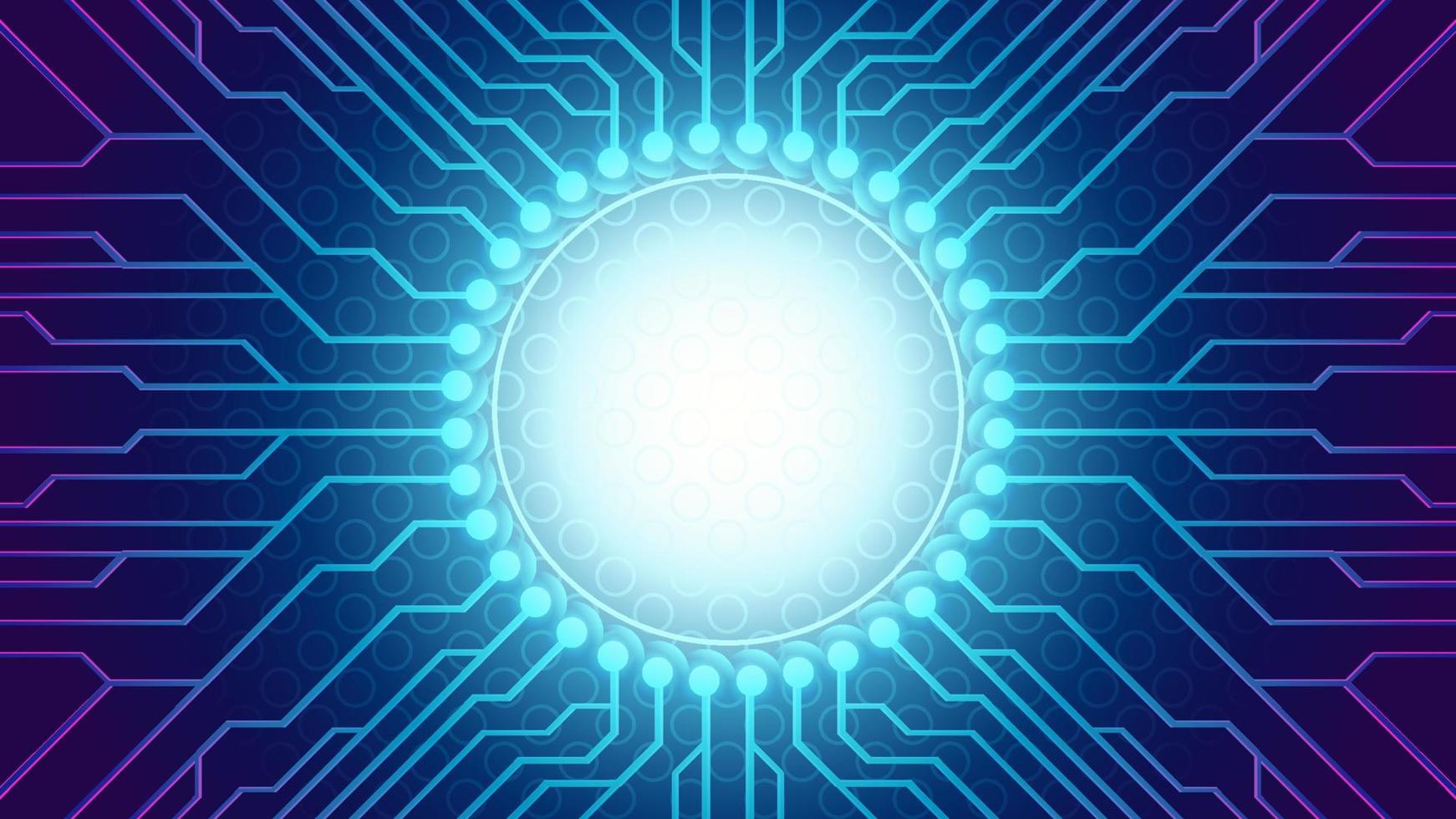 fondo de tecnología abstracta. Ilustración de vector de patrón de árbol de tecnología de placa de circuito. concepto de diseño de transferencia de datos de seguimiento de pcb de ciencia ficción. esquema de color ciberpunk. círculo de luz en medio de la oscuridad