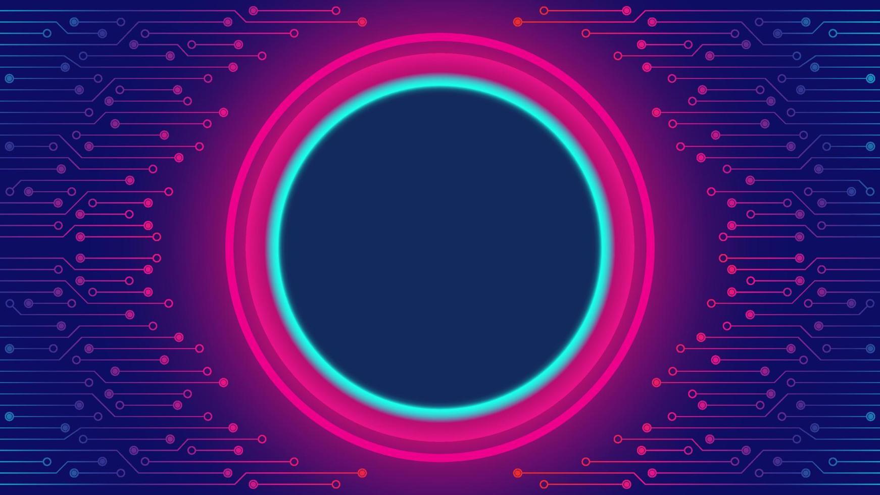 Cyberpunk Circuit Board Background Design Template. Abstract Technology Vector Illustration with Neon Ring in the middle. Sci-Fi PCB Trace Data Transfer Design Concept.