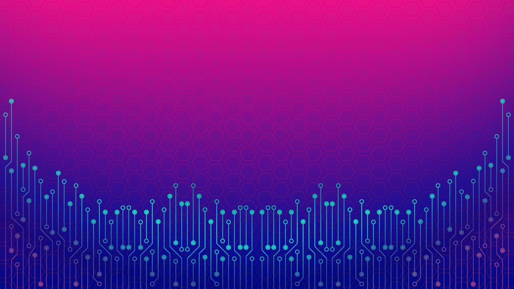 Cyberpunk Circuit Board Background Design Template. Abstract Technology Vector Illustration with Hexagon Texture. Sci-Fi PCB Trace Data Transfer Design Concept. Blue Pink Gradient