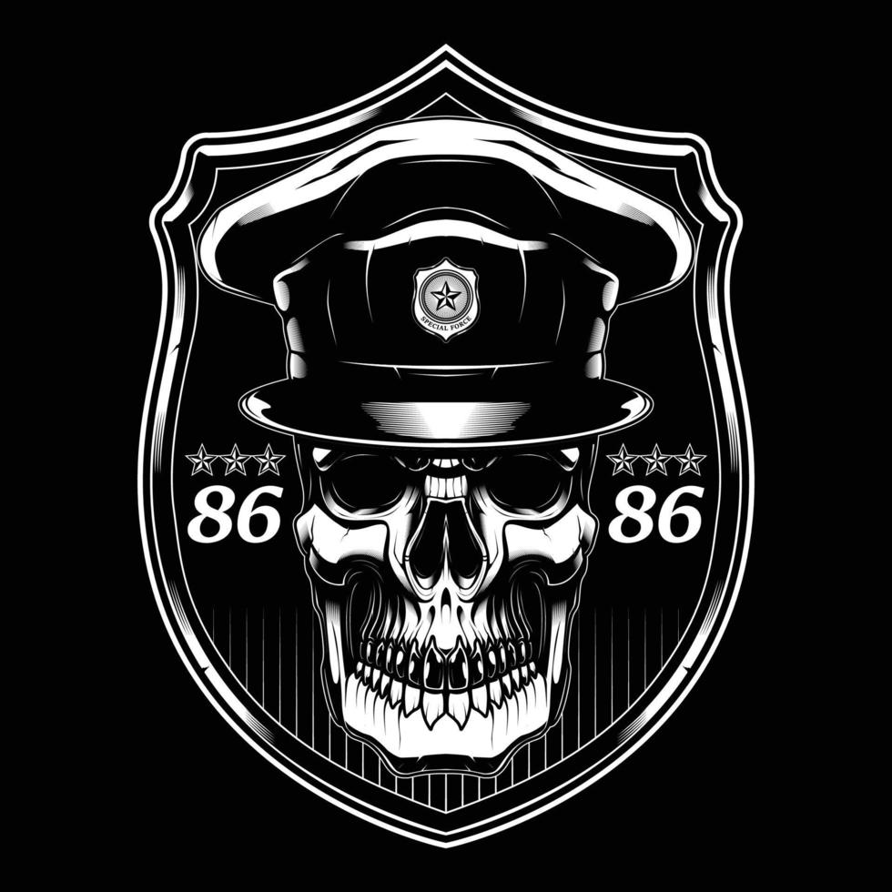 diseño de vector de cráneo policial para diseño de emblema, logotipo, camiseta y ropa