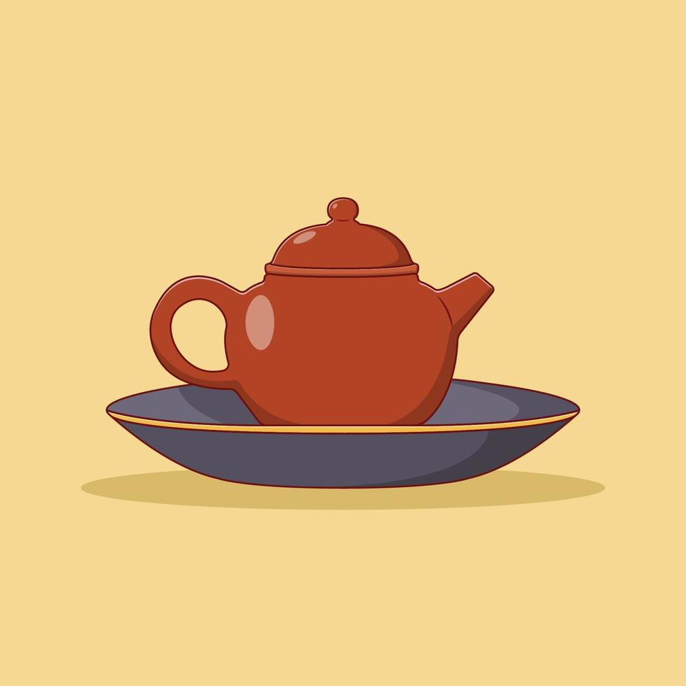 Clay Teapot on Plate Vector Icon Illustration. Kettle Vector. Flat Cartoon Style Suitable for Web Landing Page, Banner, Flyer, Sticker, Wallpaper, Background