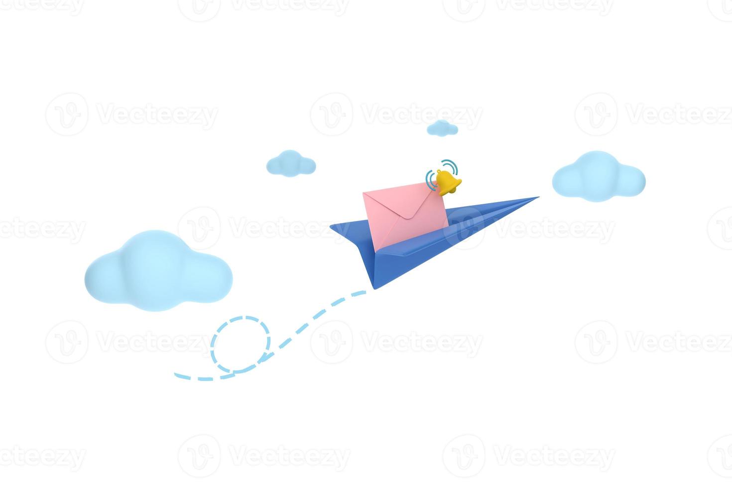 mail envelope and bell icon on paper plane isolated. photo