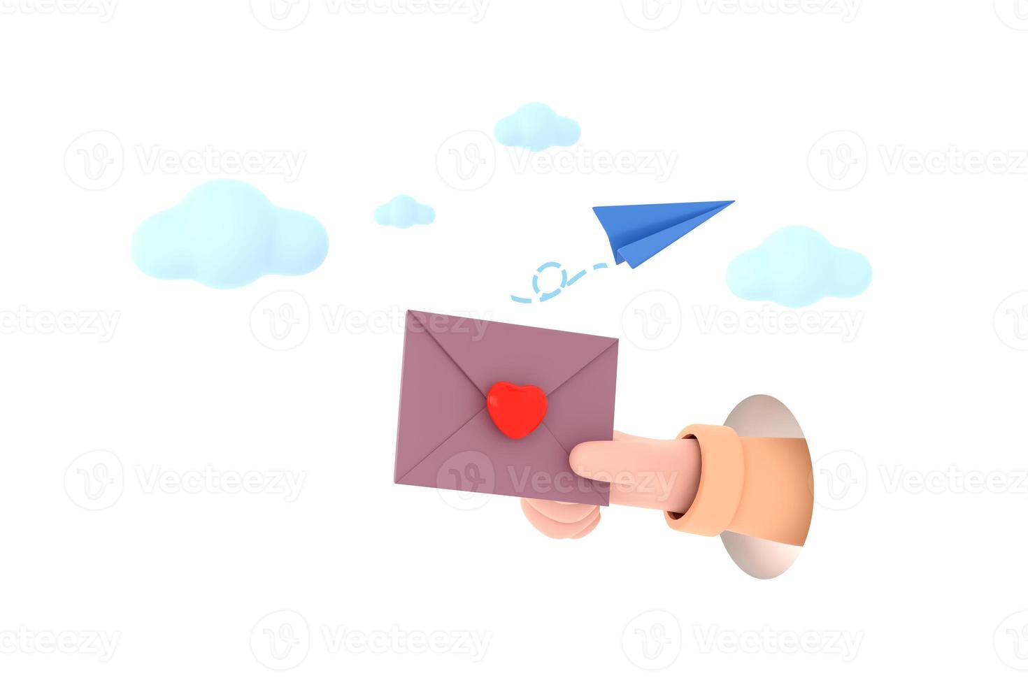 Icon envelope letter, mail letter with red heart and paper plane. photo