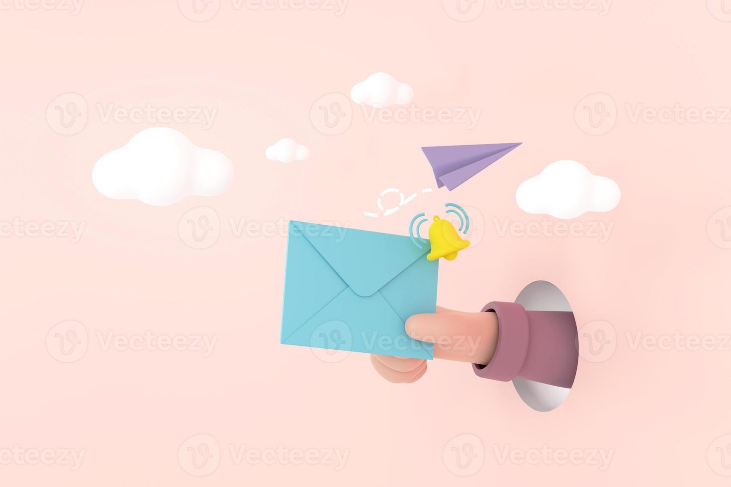 Hand hold an envelope and bell of sending notification icon with paper airplane. photo