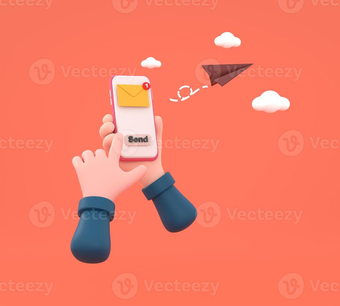 hand holding the smartphone with e-mail application on screen and paper plane. photo