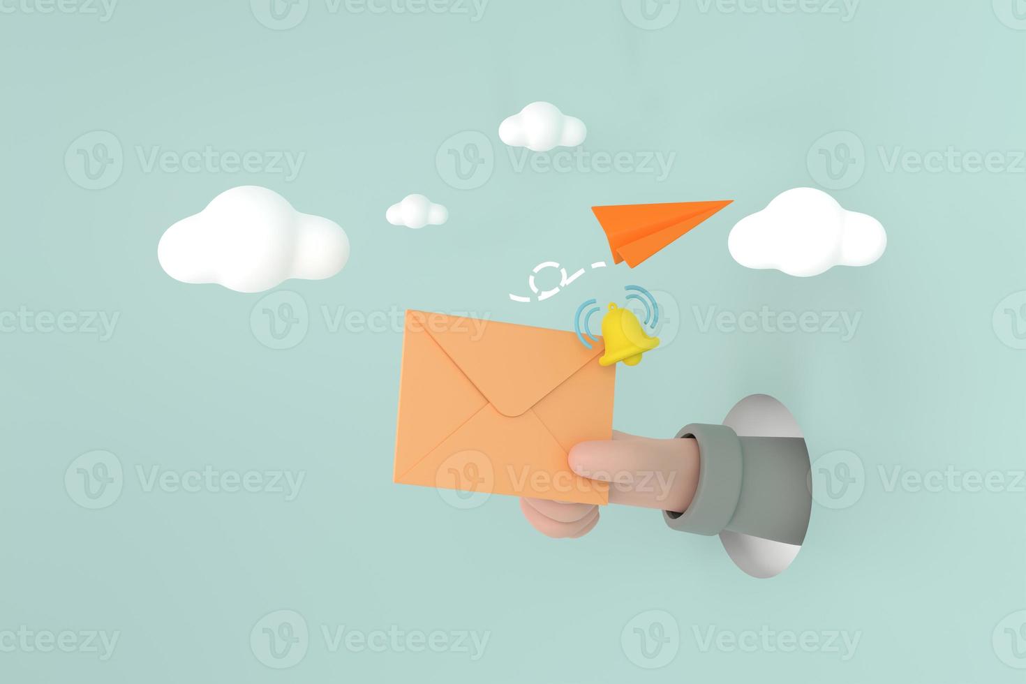 Hand hold an envelope and bell of sending notification icon with paper airplane. photo