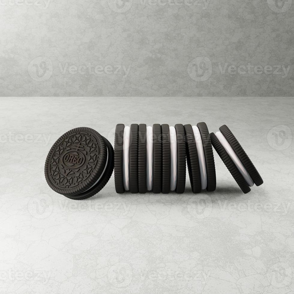 Galletas oreo de renderizado 3d sobre fondo de hormigón foto