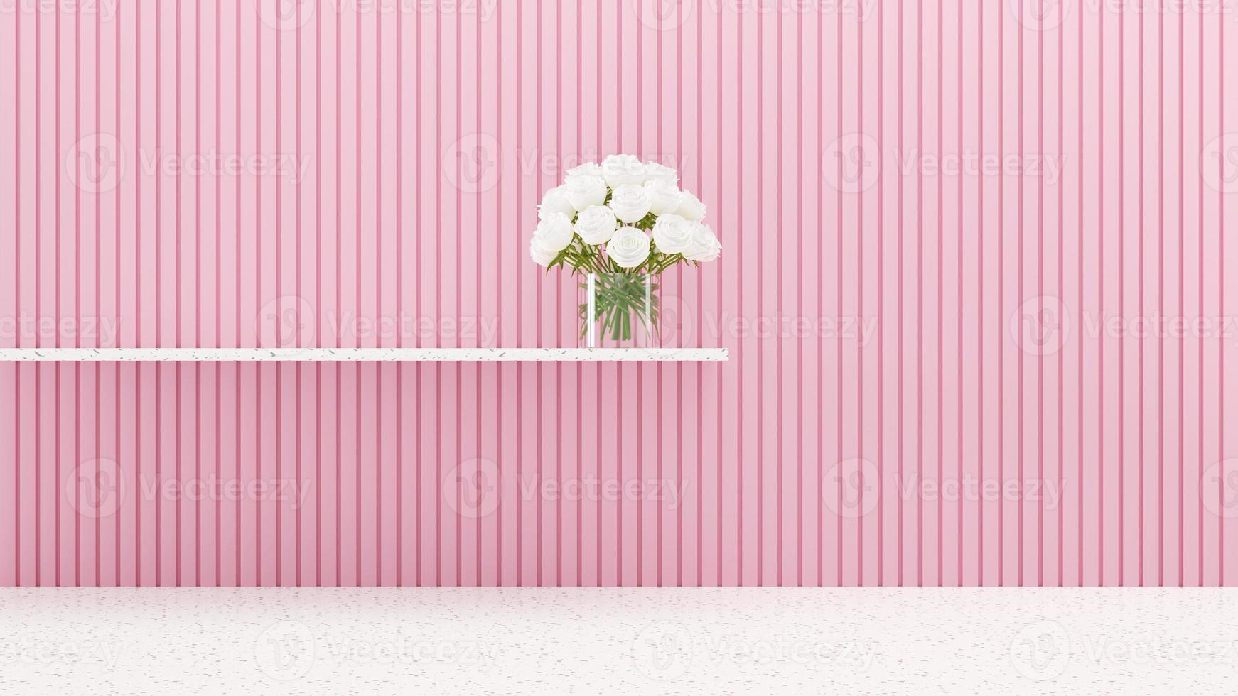 3D rendering Pink Wooden Slat Wall with White Terrazzo Floor, Wh photo