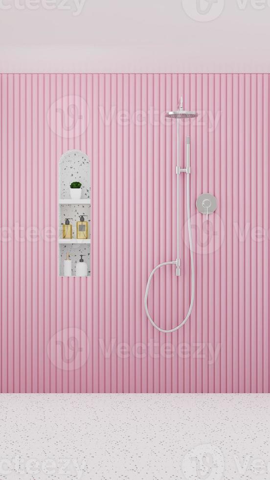 3D rendering Pink Toilet With White Terrazzo And Silver Shower photo