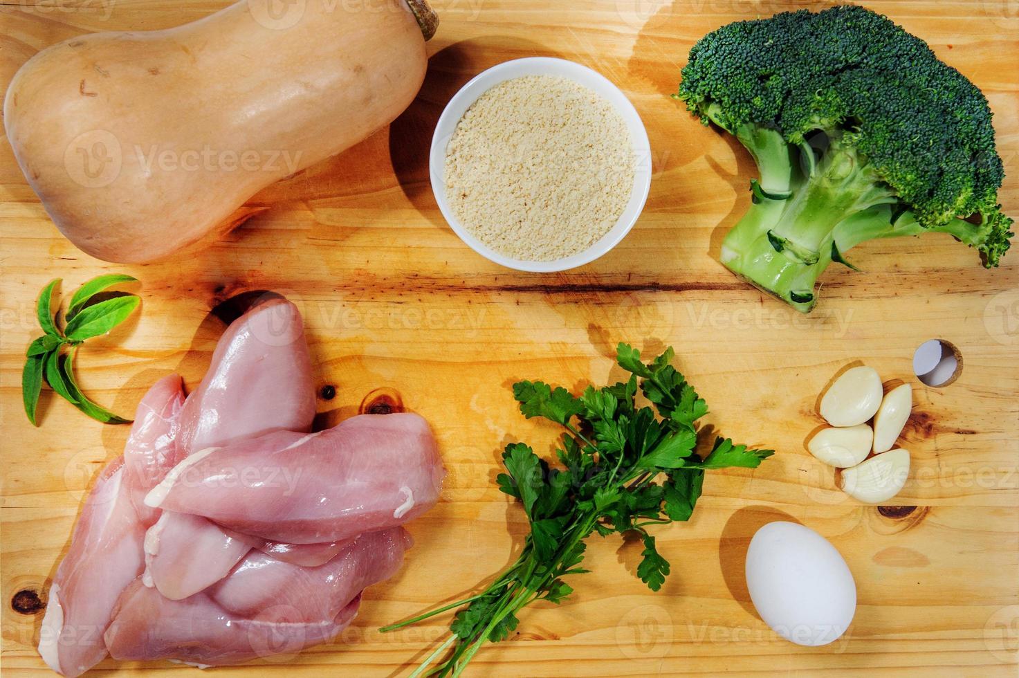 Raw ingredients. Ready to be cooked. Recipe for chicken stew, European cuisine, cooked with a garnish of mushrooms, small onions and other. photo