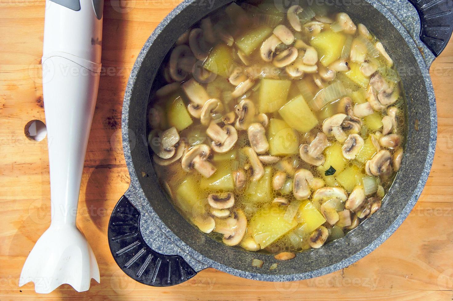 Raw ingredients. Ready to be cooked. Recipe for chiken stew, European cuisine, cooked with a garnish of mushrooms, small onions and ohter. photo