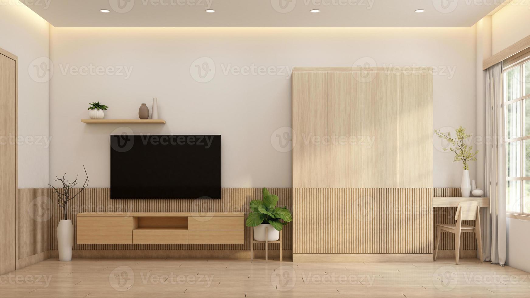 Minimalist style tiny room decorated with wood wardrobe and tv cabinet. 3d rendering photo