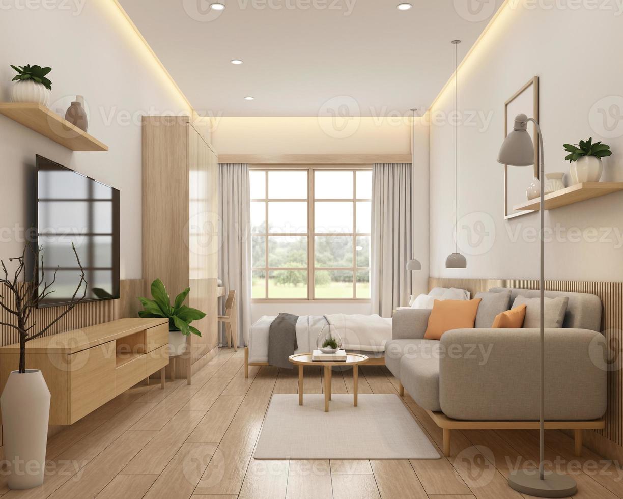 pequeña habitación de estilo minimalista decorada con sofá y mueble de televisión, cama y armario. representación 3d foto