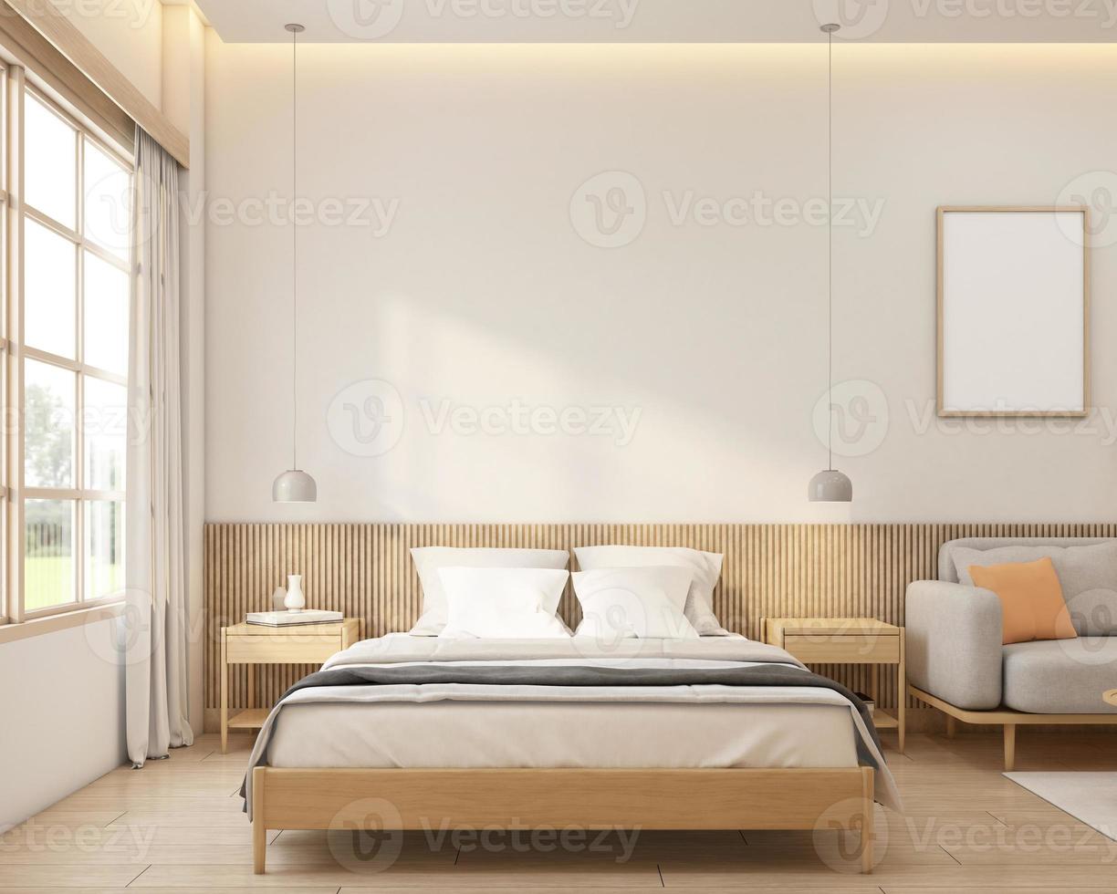 Minimalist style bed room decorated with side table and hanging lamp. 3d rendering photo