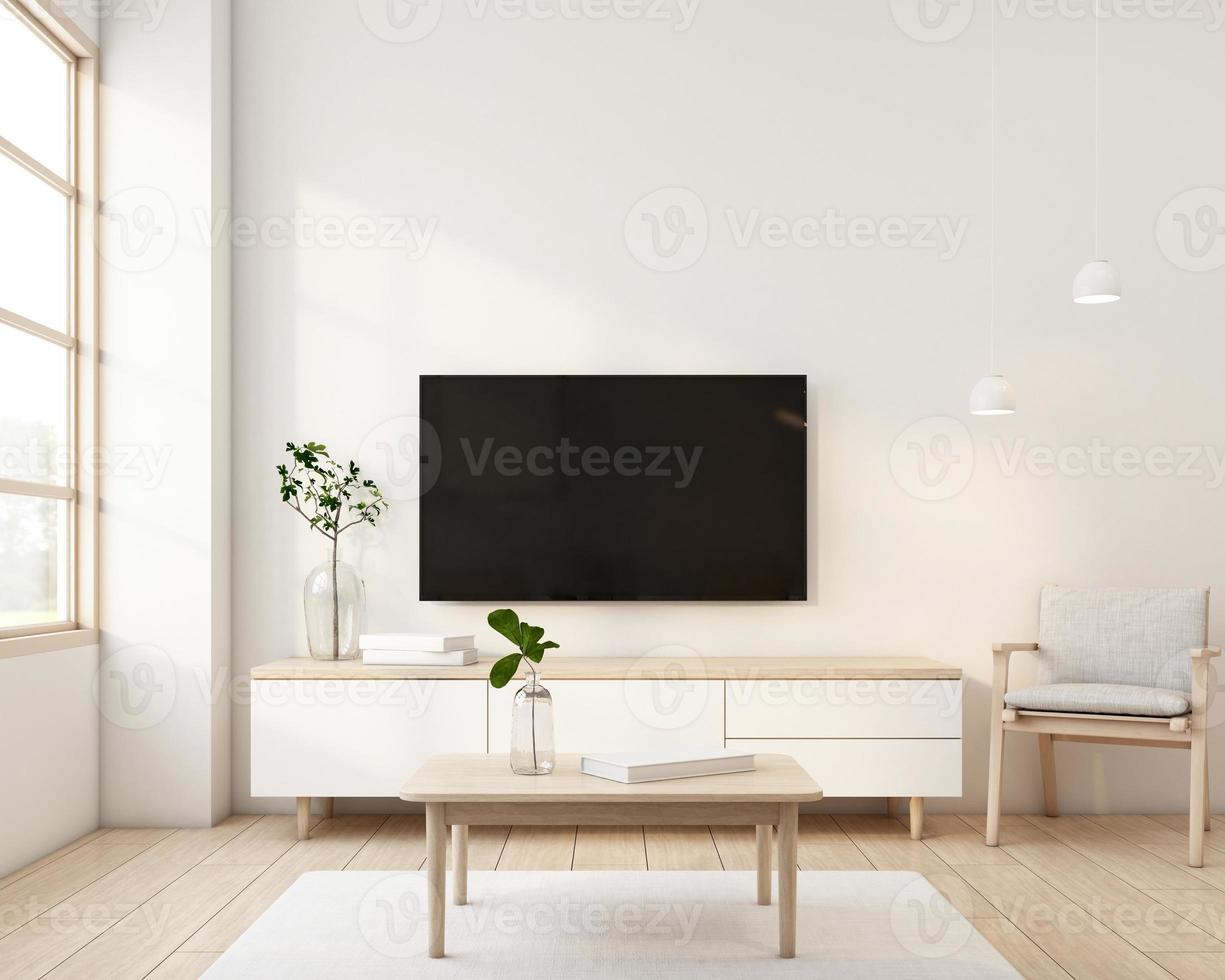 Sala de estar de estilo japonés decorada con un mueble de televisión minimalista. representación 3d foto