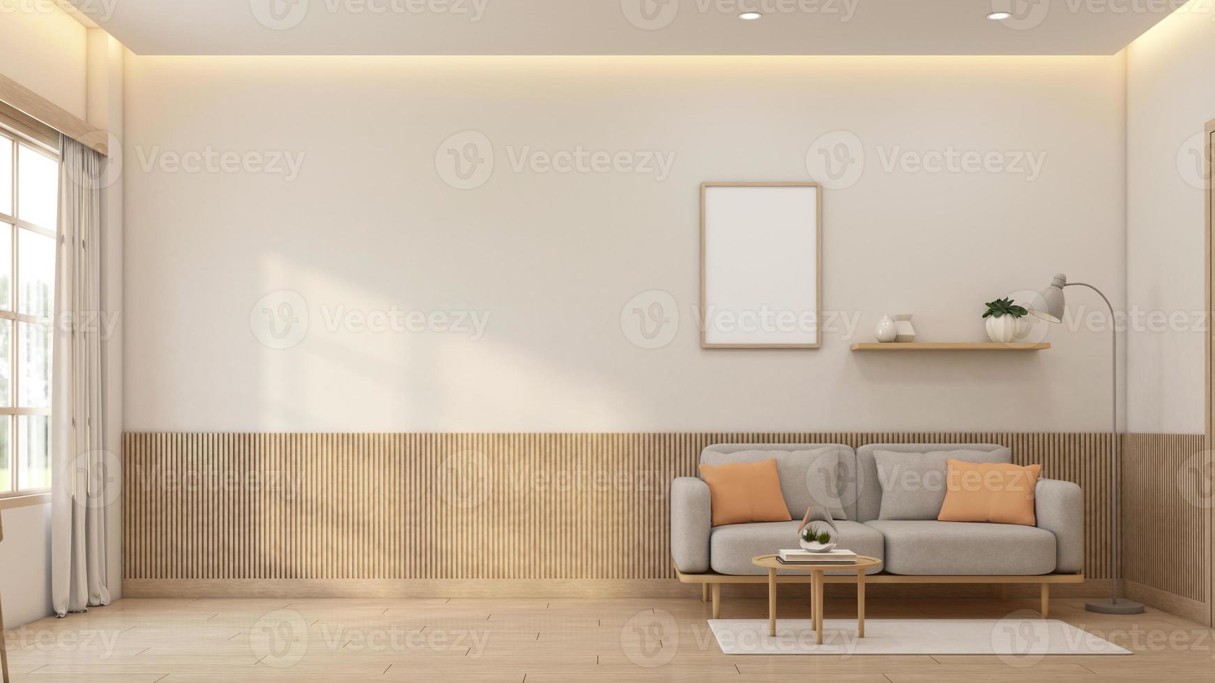 habitación vacía de estilo minimalista decorada con sofá y marco de fotos. representación 3d foto