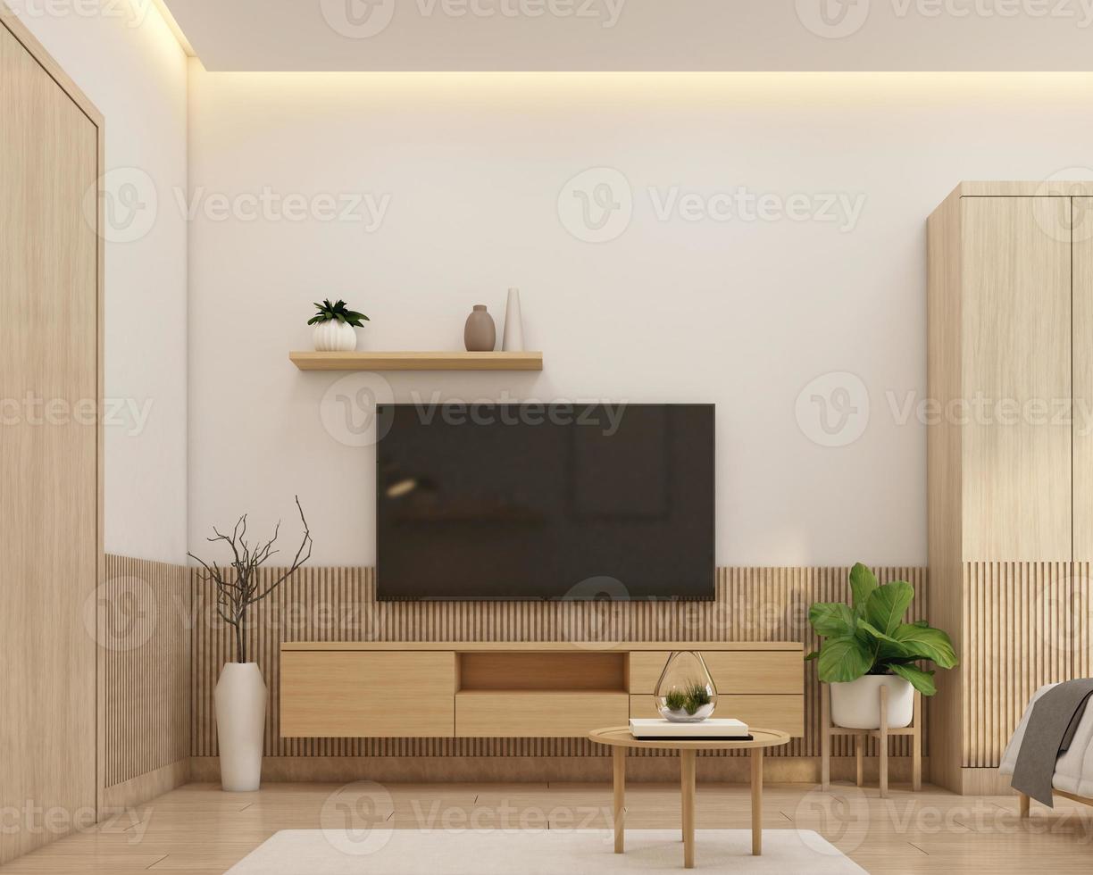 salón de estilo minimalista decorado con mueble de tv y mesa auxiliar. representación 3d foto