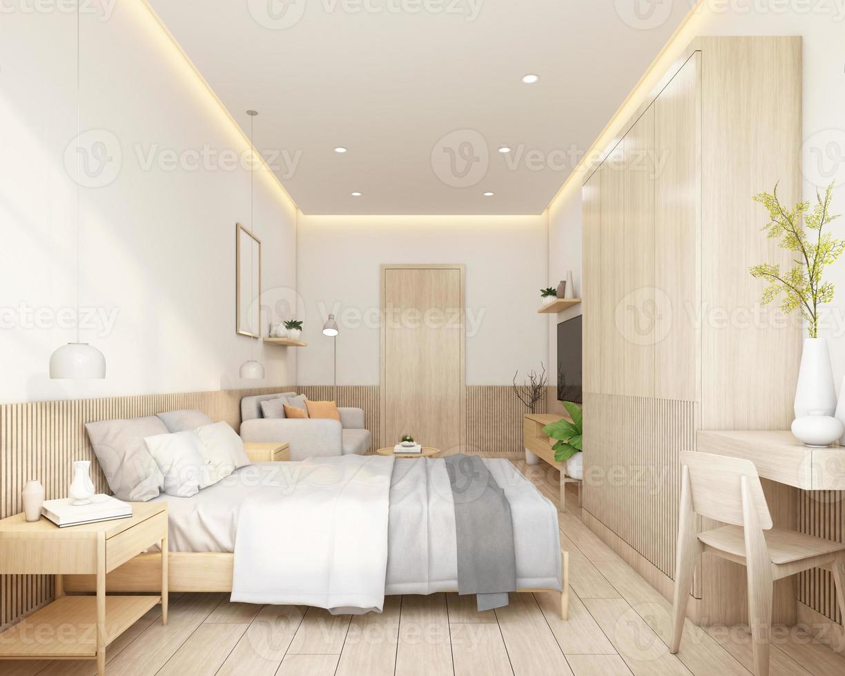 pequeña habitación de estilo minimalista decorada con cama y armario, sofá y mueble de televisión. representación 3d foto