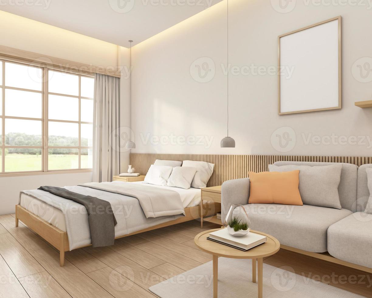 pequeña habitación de estilo minimalista decorada con cama y sofá. representación 3d foto