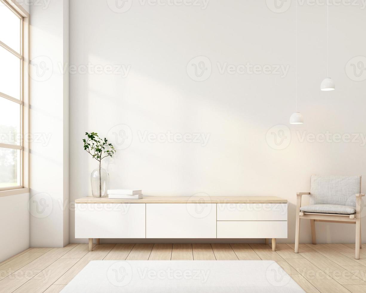 Japandi style living room decorated with minimalist tv cabinet. 3d rendering photo