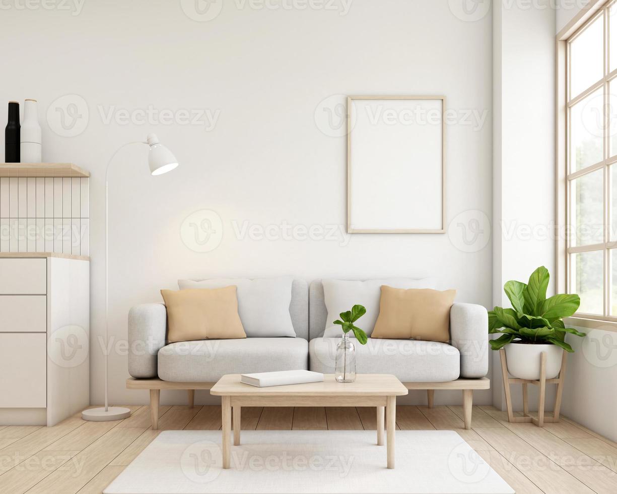 Japandi style living room decorated with minimalist sofa and chair, white wall and picture frame. 3d rendering photo