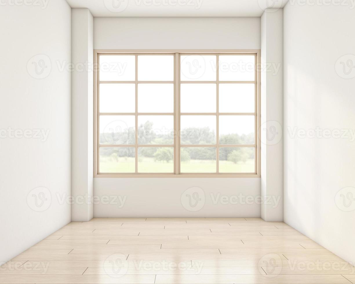 Japandi style empty room decorated with white wall and wood floor. 3d rendering photo