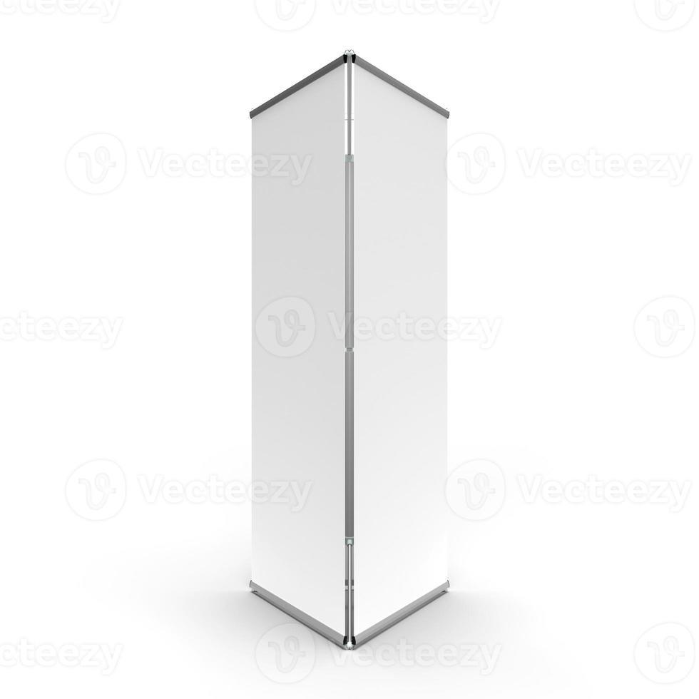 A Tri-Banner Indoor Signage Exhibition dipaly unit made up of 3 sides and displaying 2 sides from the front. 3D Render Illustration isolated on a white background. photo