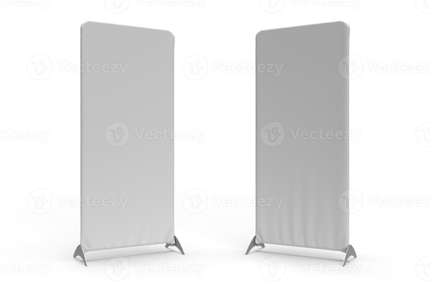 Two banner wall systems with white cloth stretch textile pulled over for branding and illustration purposes, isolated on a white background for mockups. 3D render illustration. photo