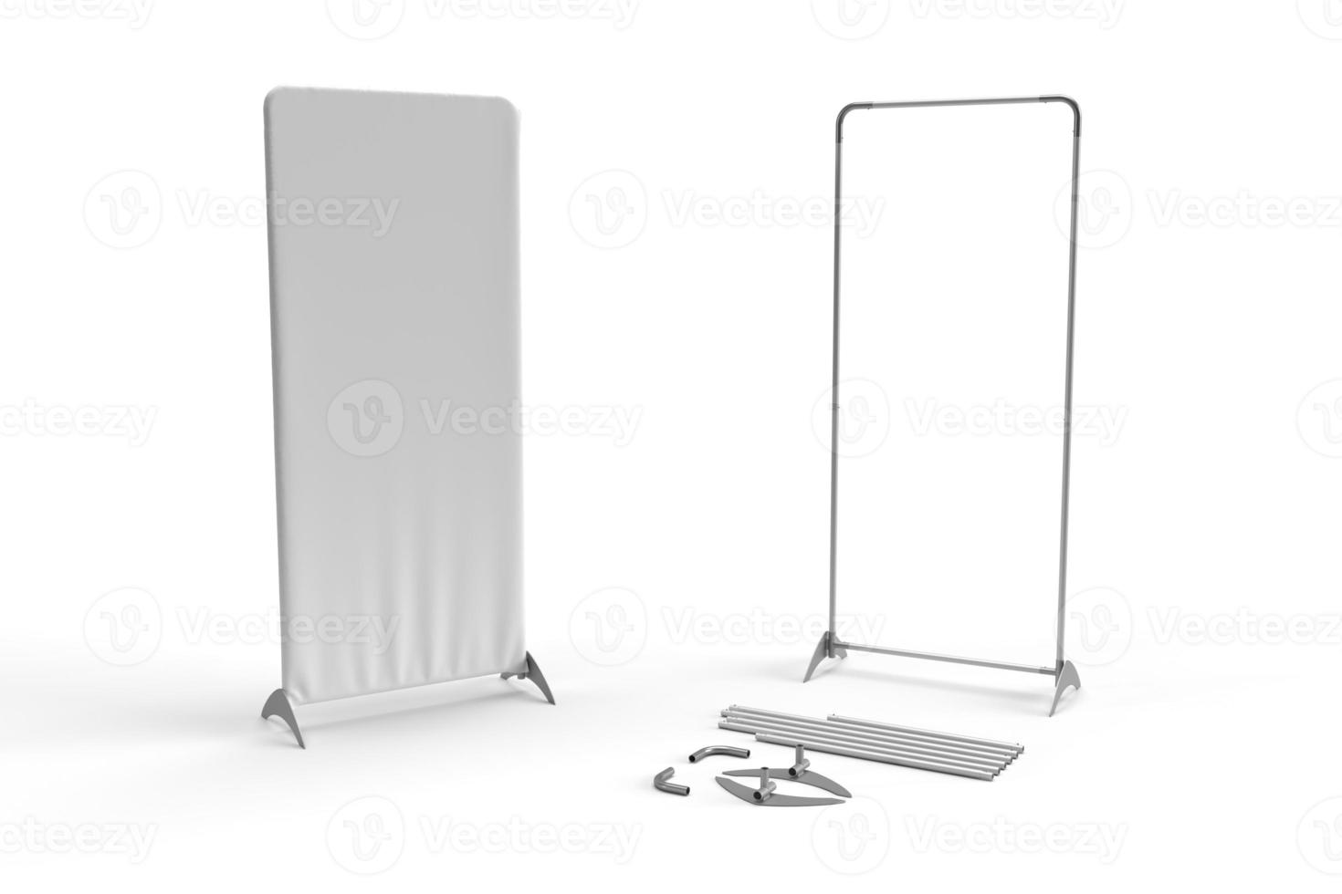 Tension Fabric Banner Stands with System and assembly, Tension Fabric Banner Display, blank white 3d render illustration isolated on white. photo