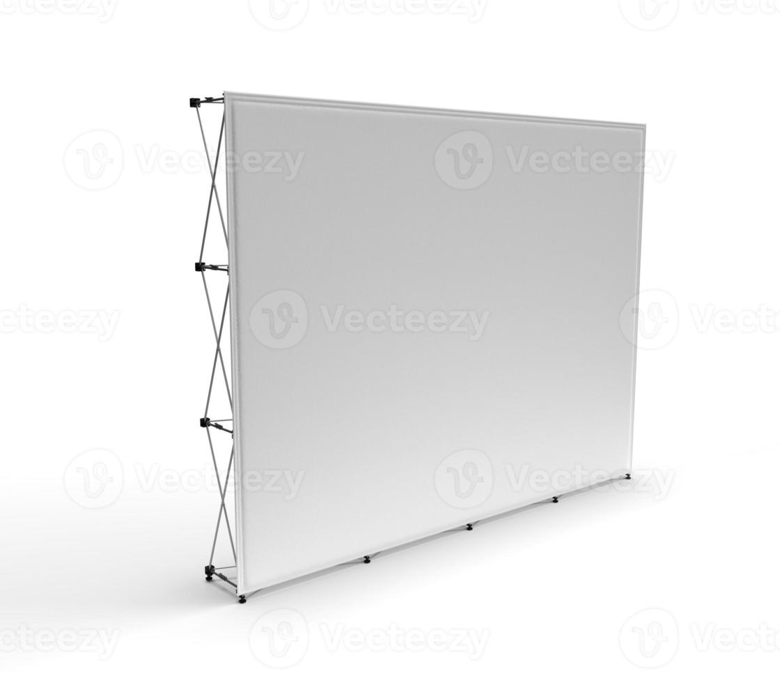 Trade exhibition stand, Wall Banner, 3D rendering visualization of exhibition product, Advertising wall isolated on white background with space for branding digital graphics. photo