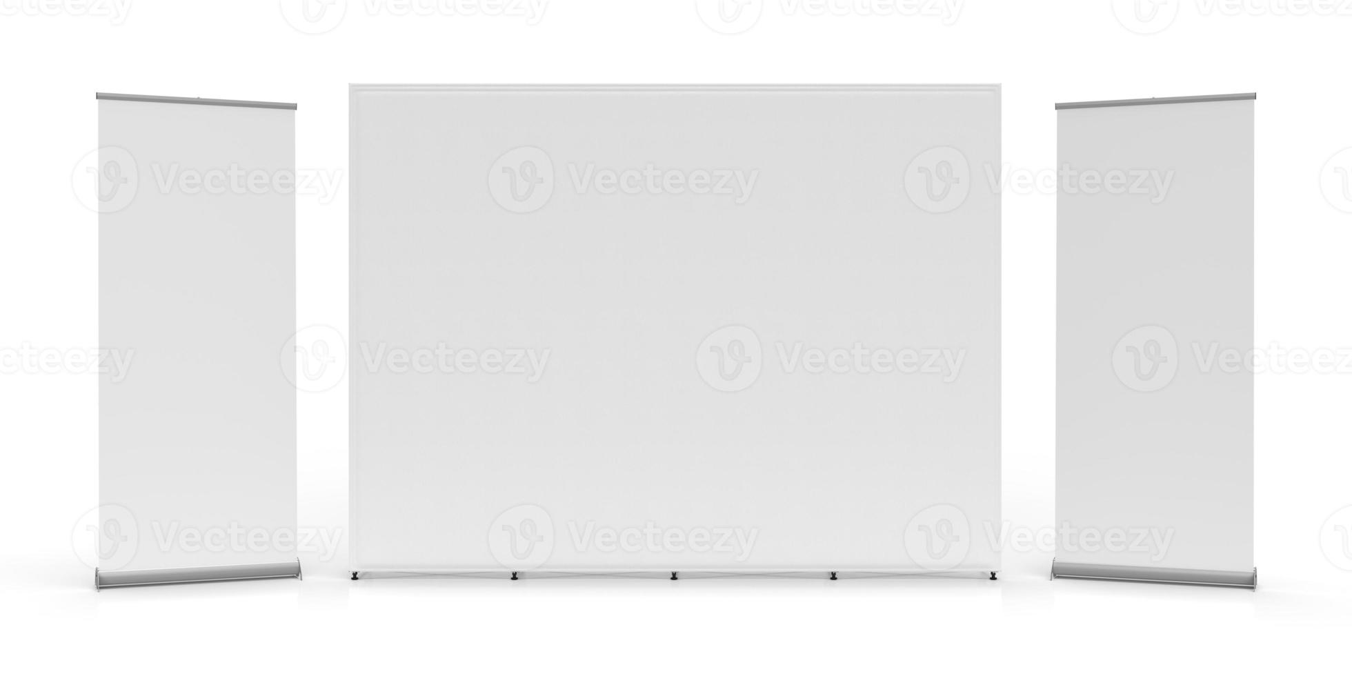Exhibition Wall Banner Cloth Straight Display Stand isolated on a white background and 3d rendered for mockup and illustrations photo