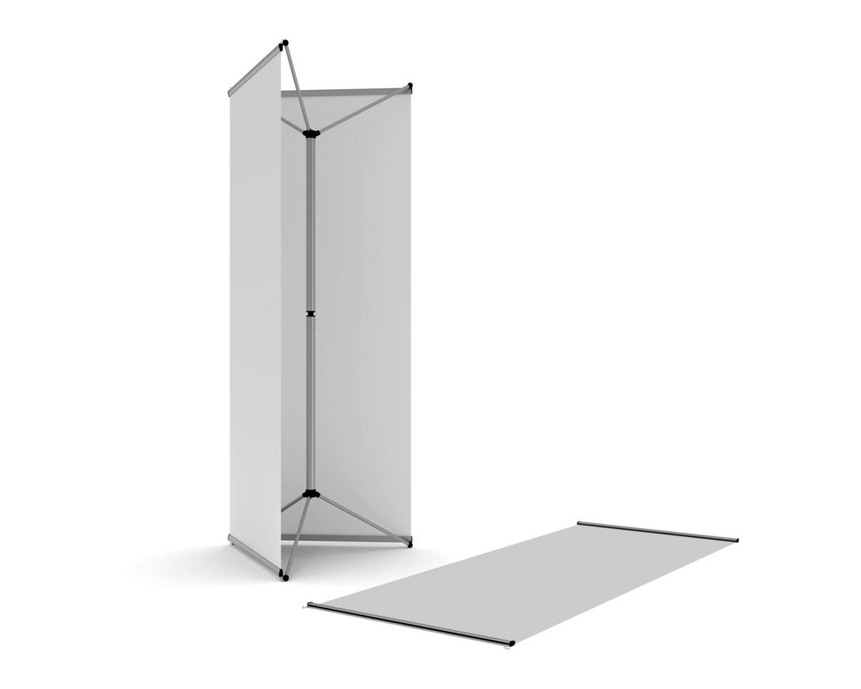 A Tri Banner Signage Exhibition Display Mechanism with one panel removed and lying flat on the floor. 3D Render Illustration isolated on a white background. photo