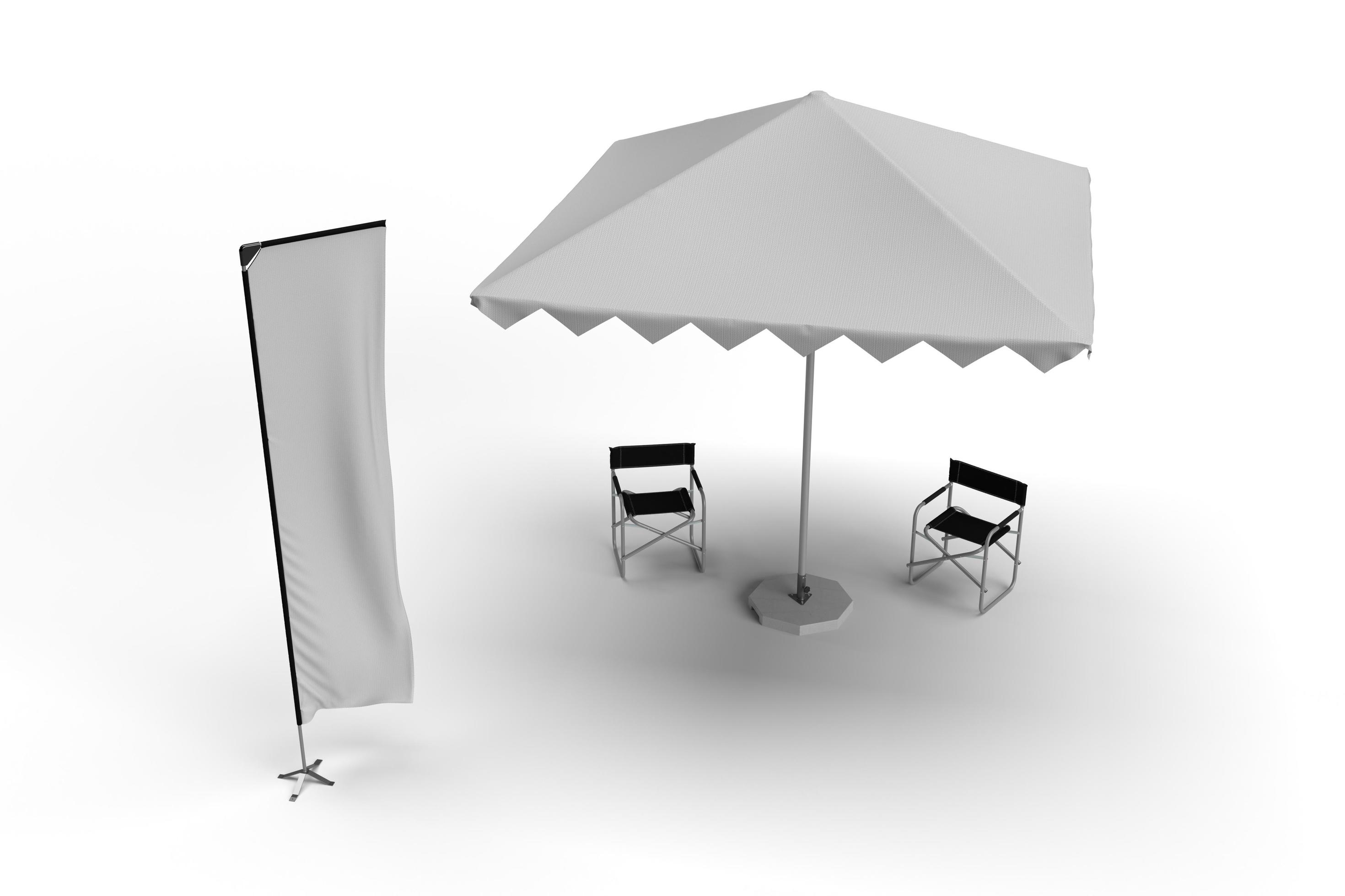 Exhibition Umbrella Parasol with two Director Chairs and a Teles