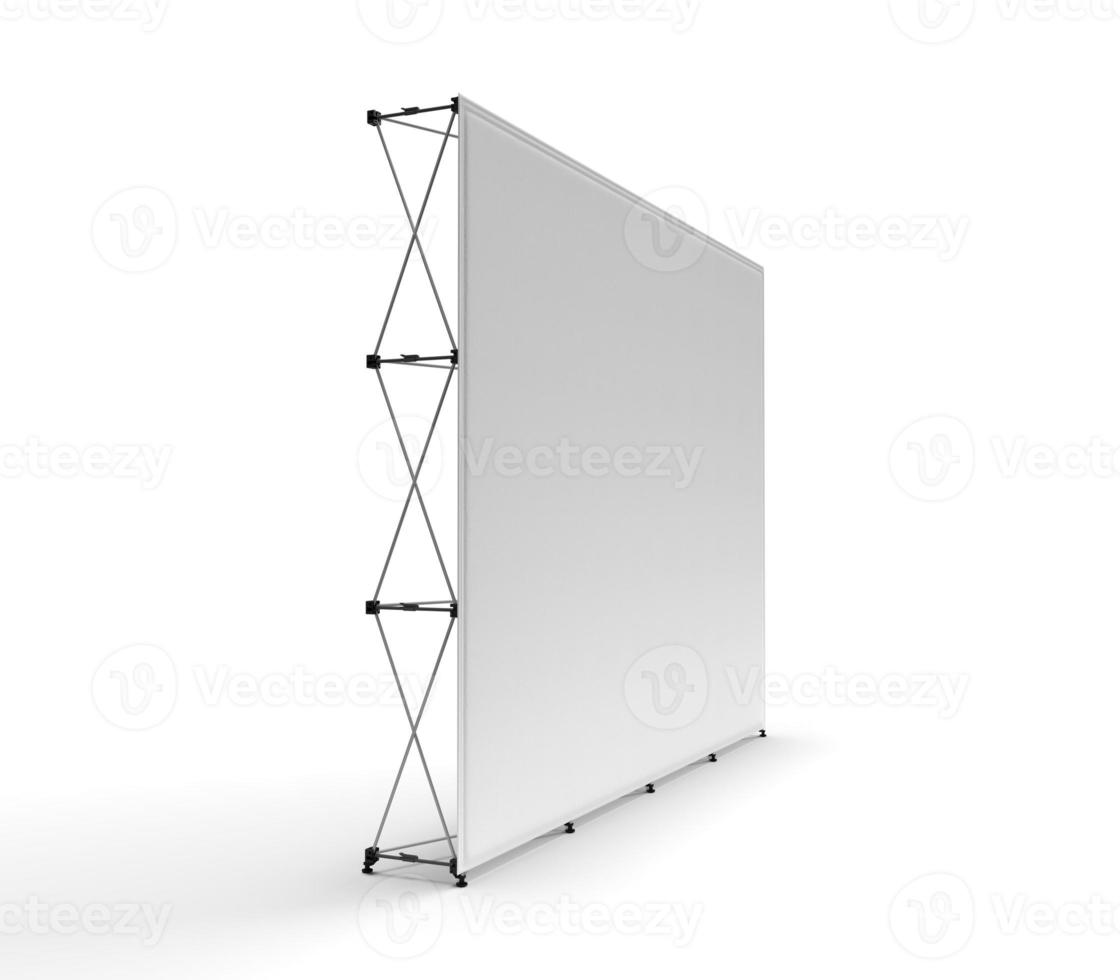 Trade exhibition stand, Wall Banner, 3D rendering visualization of exhibition product, Advertising wall isolated on white background with space for branding digital graphics. photo