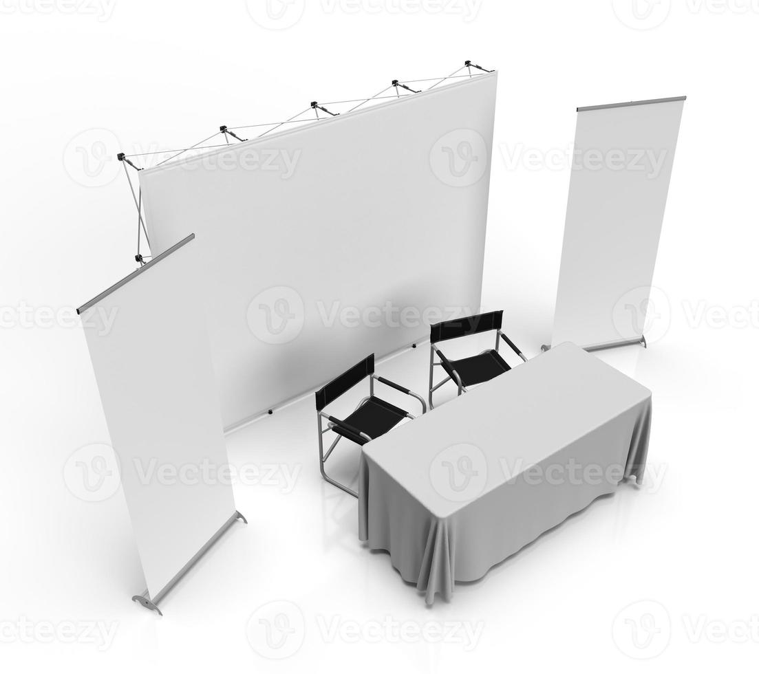 Exhibition Wall Banner Cloth Displays with two pull up banners, a table cloth runner over a trestle table and two directors chairs. 3D Rendered Illustration Perspective View for mockups. photo