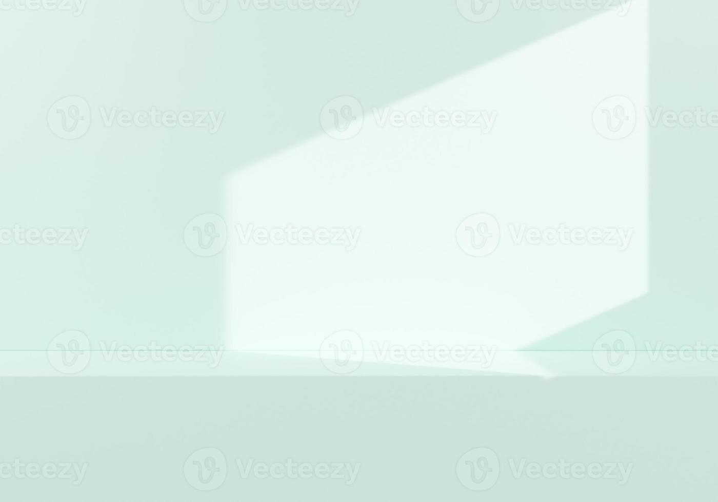 Front view of empty shelf or counter on green wall background with natural light of window. Display of room shelves for showing minimal concept photo