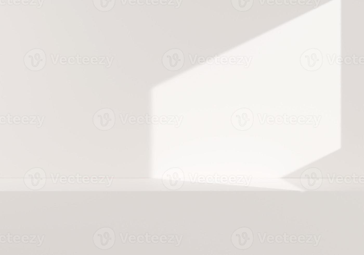 Front view of empty shelf or counter on white wall background with natural light of window. Display of room shelves for showing minimal concept photo