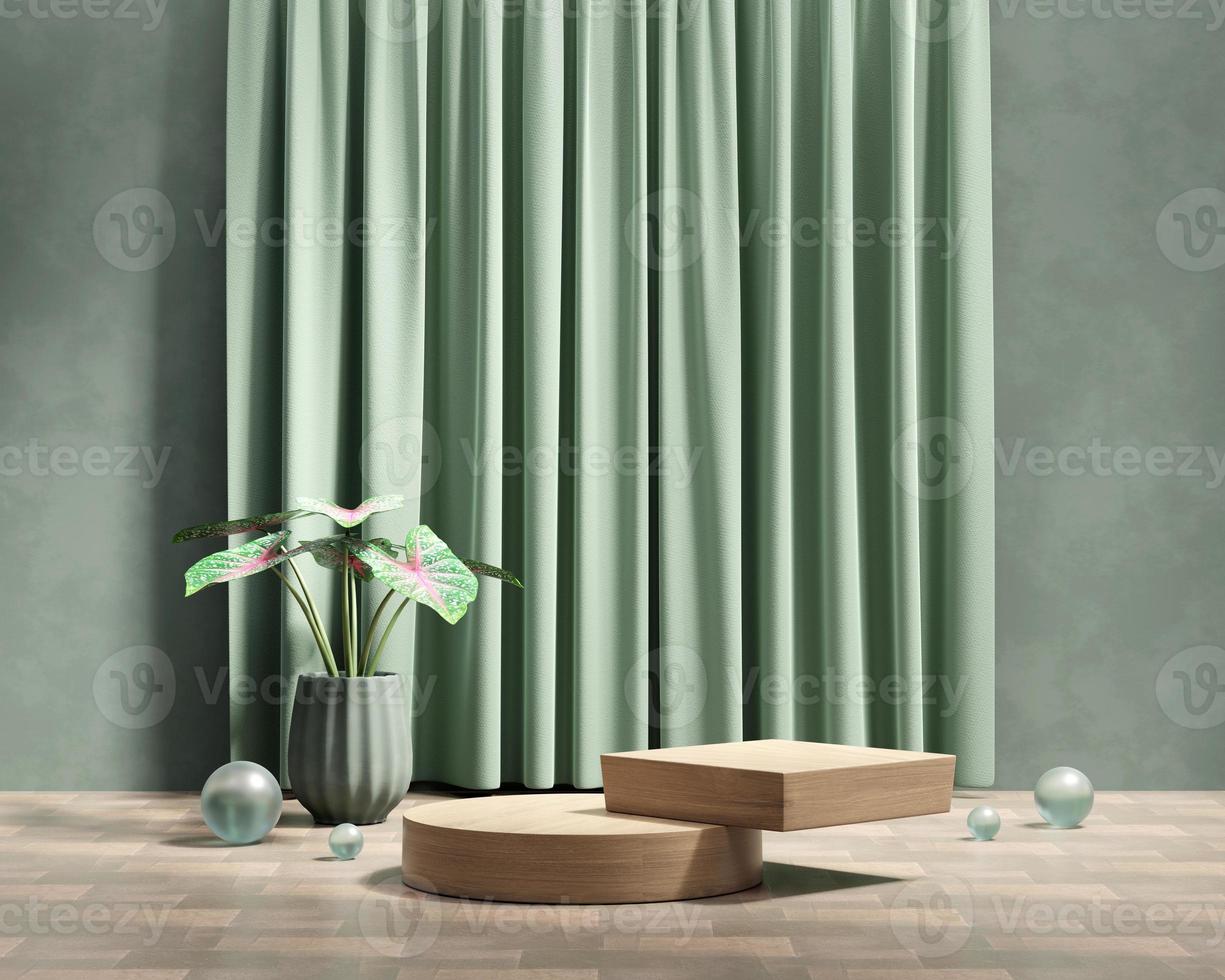 3D rendering platform podium with plant and curtain product presentation background photo