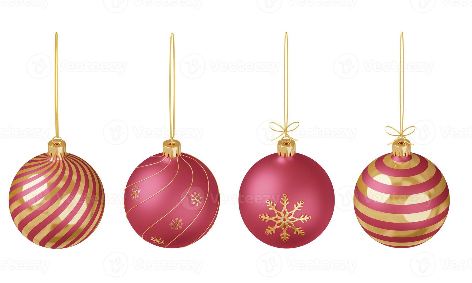 Set of 3D render Christmas toys. Top view. Red and gold Christmas balls on a golden ribbon. Festive decoration of Christmas and New Year cards, invitations, leaflets. Isolated on a white background photo