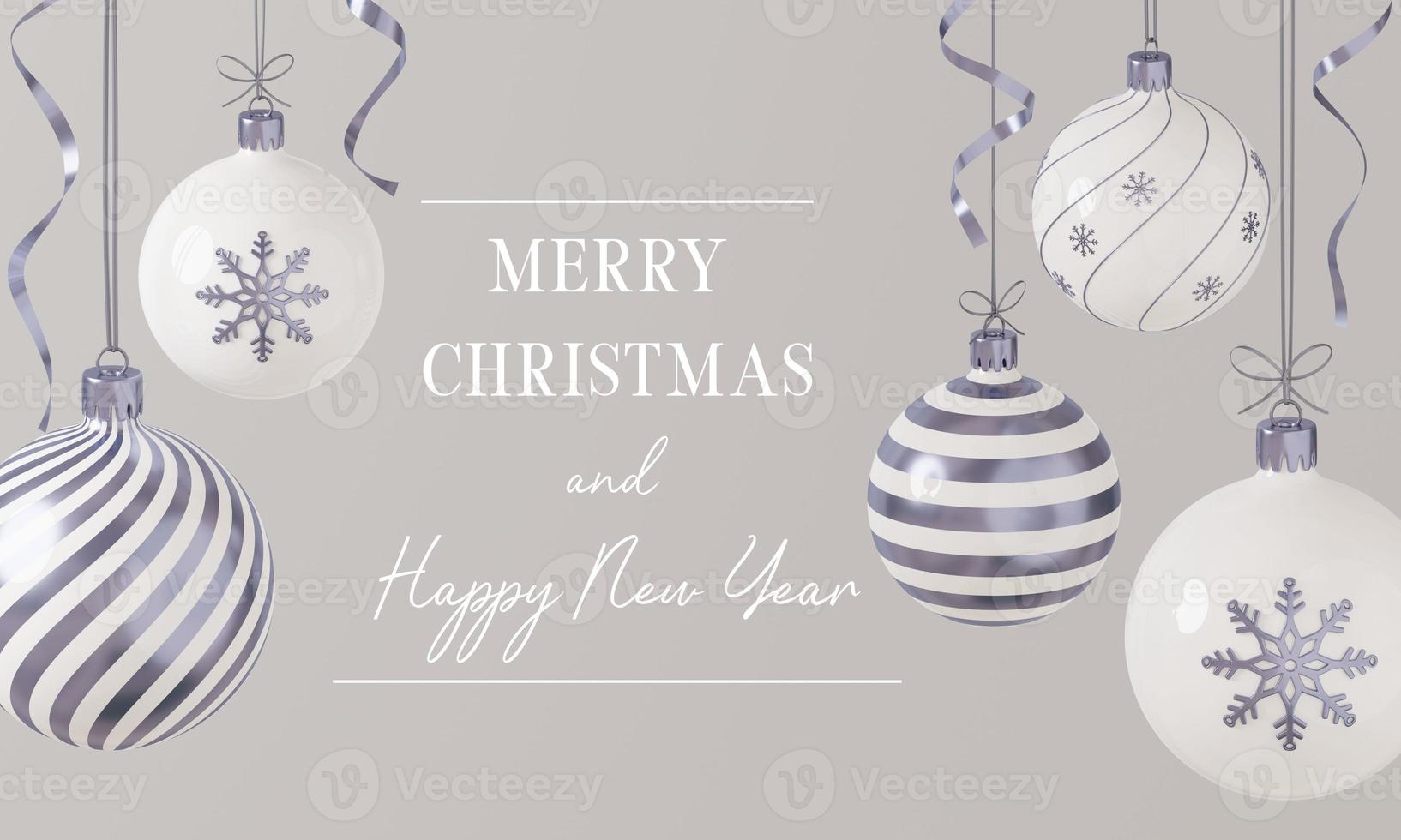 Greeting card with 3d render Christmas balls in white and silver colors. Festive Christmas and New Year banner on light grey background photo