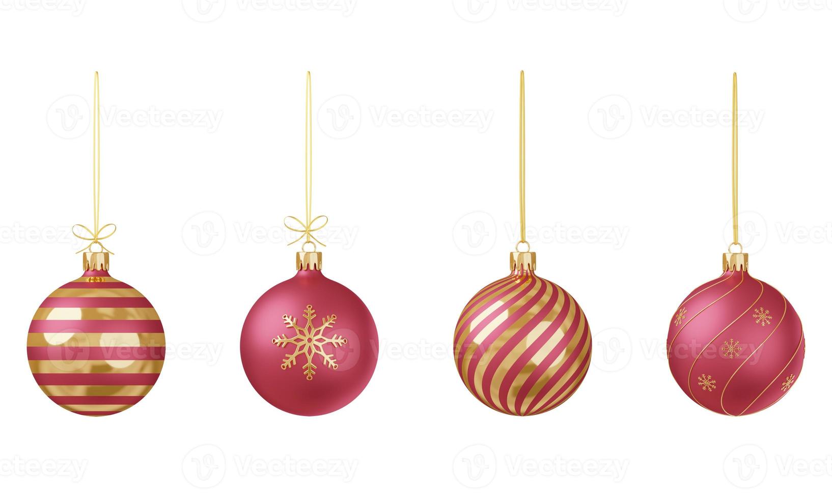 Set of 3D render Christmas toys. Front view. Red and gold Christmas balls on a golden ribbon. Festive decoration of Christmas and New Year cards, invitations, leaflets. Isolated on a white background photo