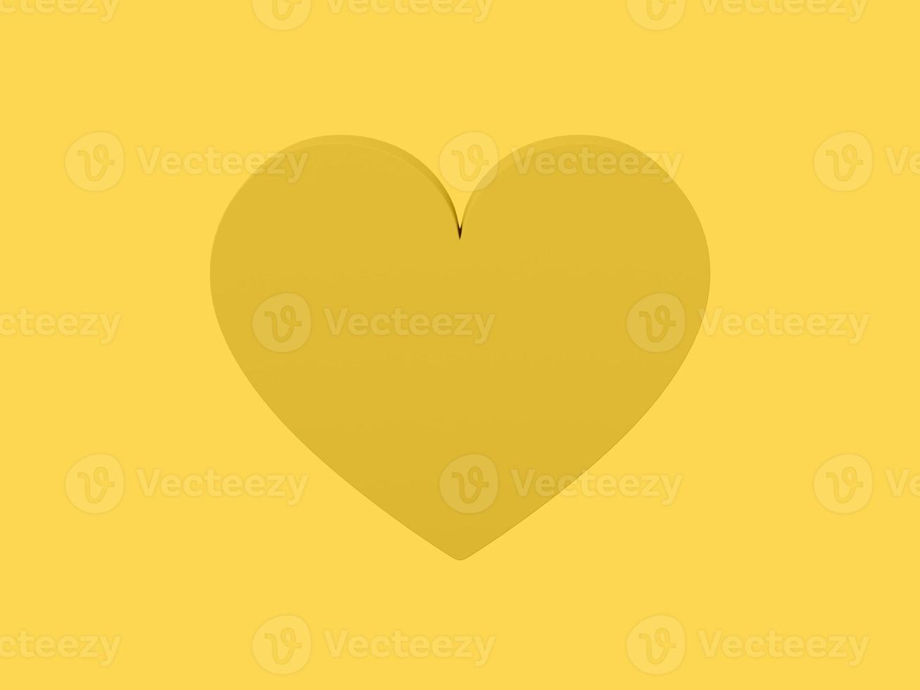 Flat heart. Symbol of love. Yellow one color. On a plain yellow background. Front view. 3d rendering. photo