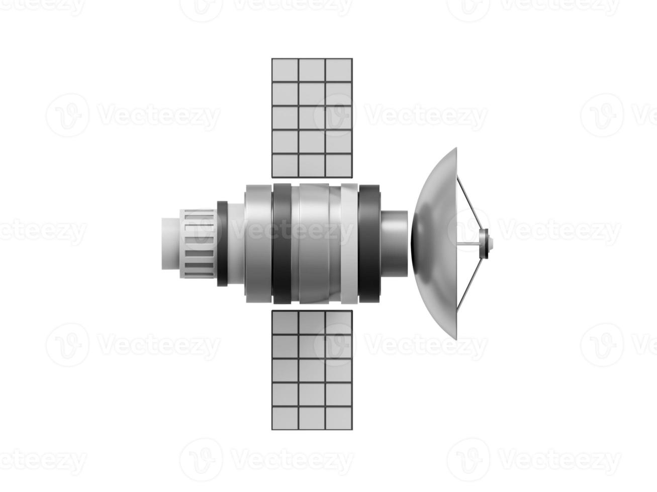 Satélite espacial con antena. estación de comunicación orbital inteligencia, investigación. representación 3d icono metálico realista sobre fondo blanco foto