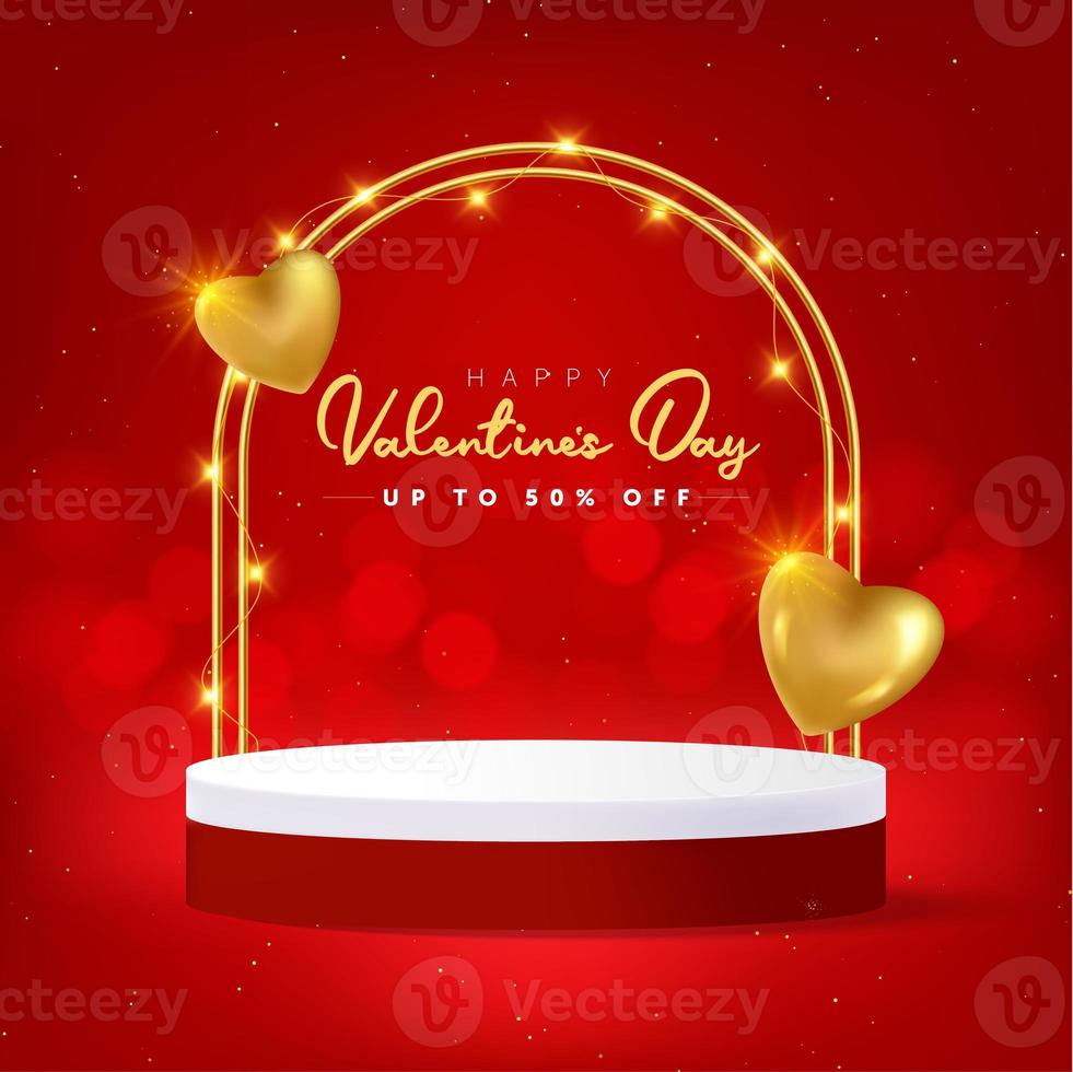 Happy valentines day sale product podium decorated with lights and golden hearts photo