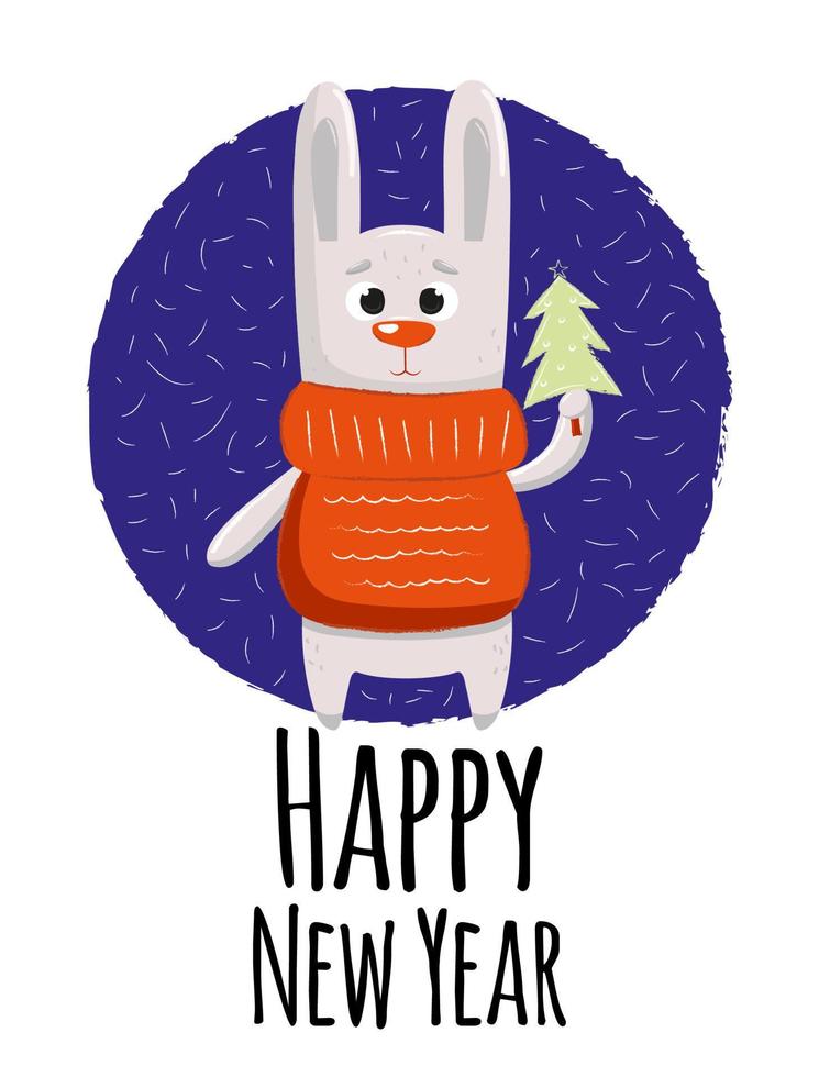 postal de navidad y año nuevo con conejo de invierno en suéter naranja con árbol verde. impresión de niños vector