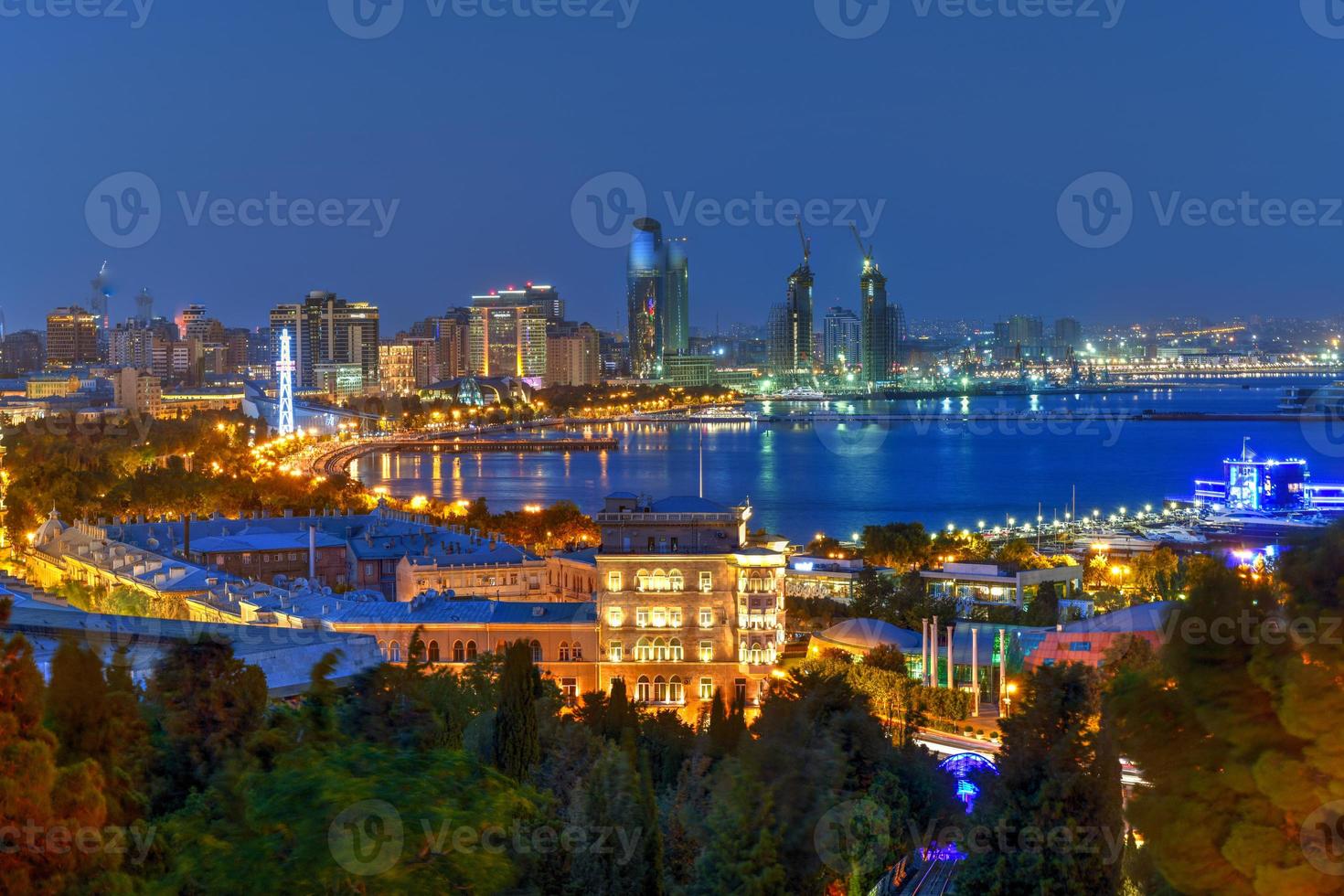 Panoramic skyline of the city of Baku, Azerbaijan at dusk. photo